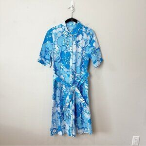J. McLaughlin Shirtdress Blue White Floral Belted Pleated Short Sleeve